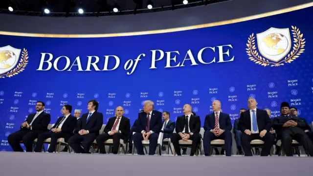 US President Donald Trump sits with Argentina's President Javier Milei, Armenia's Prime Minister Nikol Pashinyan, Hungary's Prime Minister Viktor Orban, Bahrain's Minister of the Prime Minister's Court Shaikh Isa bin Salman bin Hamad Al Khalifa, Morocco's Foreign Minister Nasser Bourita, Azerbaijan's President Ilham Aliyev, Bulgaria's Prime Minister Rosen Zhelyazkov, and Indonesia's President Prabowo Subianto, on 22 January 2026, during the charter announcement for Trump's Board of Peace initiative aimed at resolving global conflicts.
