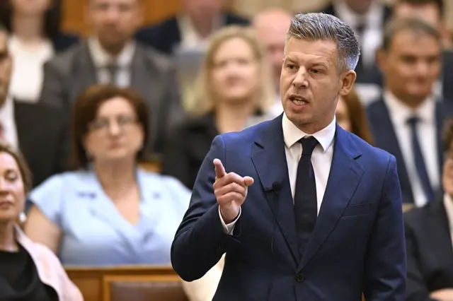 Петер Мадьяр жестикулирует во время выступления, на заднем фоне видны размытые фигуры людей в зале