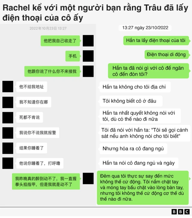 Bản sao đoạn hội thoại WeChat giữa Rachel và bạn cô, có tiêu đề "Rachel nói với một người bạn rằng Zou đã lấy điện thoại của cô ấy". Nội dung đoạn hội thoại như sau:

23/10/2022, 13:27

Rachel: Anh ta lấy điện thoại của tôi. Điện thoại di động. Anh ta đã nói gì với cậu để cậu không đến đón tôi?

Bạn: Anh ta không cho tớ địa chỉ. Tớ không biết cậu ở đâu. Dù có thế nào đi nữa, anh ta cũng nhất quyết không nói cho tớ biết. Tớ đã nói với anh ta "Tớ sẽ gọi cảnh sát nếu cậu không nói cho tớ biết". Nhưng hóa ra cậu đang ngủ. Anh ta nói cậu ngủ và ngáy.

Rachel: Tối qua tớ say quá không thể cử động được. Tớ nắm chặt tay và móng tay bấm vào lòng bàn tay, nhưng dù thế nào đi nữa, tớ vẫn không thể cử động cơ thể.