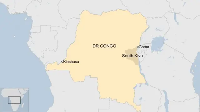 Ikarita ya DR Congo igaragaza Goma, Kivu y'Epfo na Kinshasa.