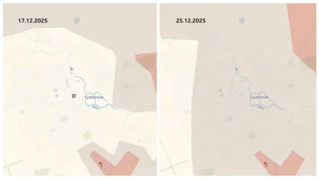 Зображення складається з двох карт поруч. Ліва карта має дату 17.12.2025, права — 25.12.2025. На обох картах показане місто Гуляйполе з річкою, вулицями та навколишньою територією. На лівій карті видно кілька червоних і сірих зон навколо міста. На правій карті червона зона на північний схід від міста збільшилися, а сіра зона майже повністю охопила місто.