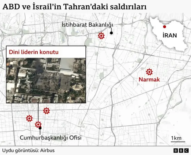 Harita Tahran'da hedef alınan bölgeleri gösteriyor 