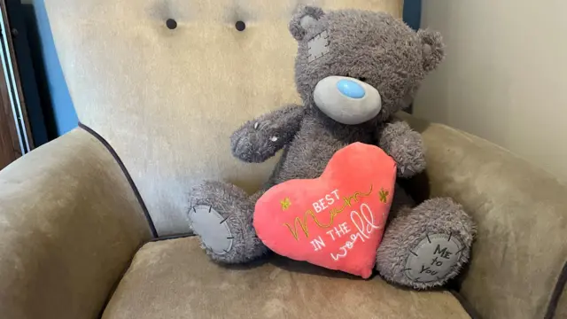 Urso de pelúcia sentado sobre uma poltrona com uma almofada e os dizeres "Melhor mãe do mundo", em inglês