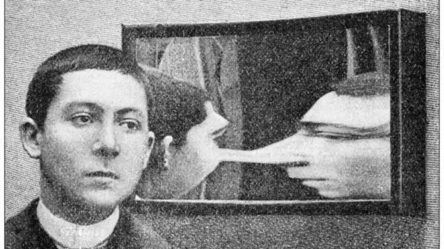 تصویرسازی: چهره فردی که پشت او قاب یا آینه است که در آن دو نفر روبروی هم هستند و بینی آنها بهم متصل شده، گویی یک بینی دارند