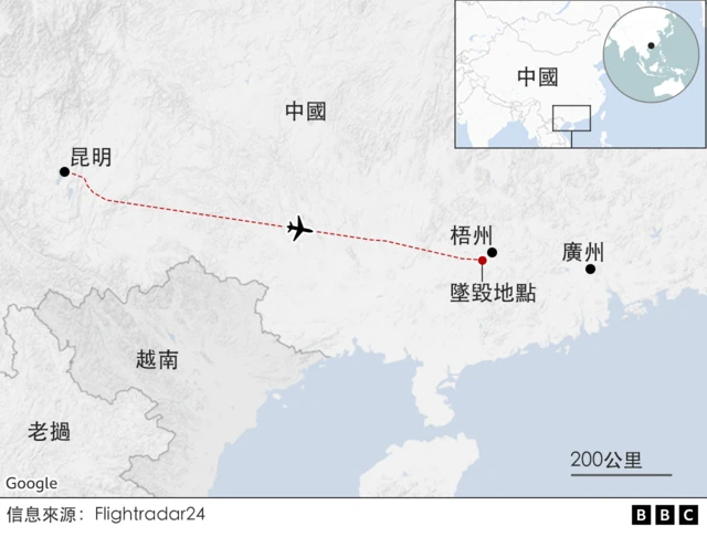 地圖：東航MU5735客機飛行軌跡與墜毀地點
