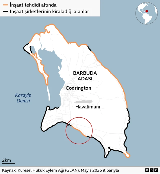 Hangi bölümlerin müteahitlerin tehdidi altında olduğunu ve hangi bölümlerin geliştiricilerin kiralamasına tabi olduğunu gösteren Barbuda Sahili