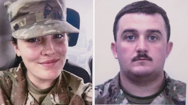 Fotografías lado a lado de Sarah Beckstrom, de 20 años, y Andrew Wolfe, de 24, vestidos con el uniforme de la Guardia Nacional