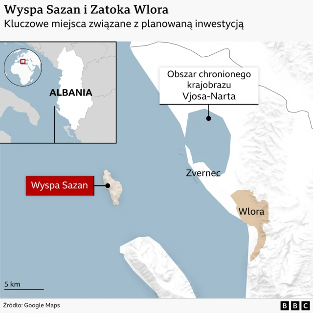 Mapa przedstawia położenie wyspy Sazan, miejscowości Zvernec oraz miasta Wlora.