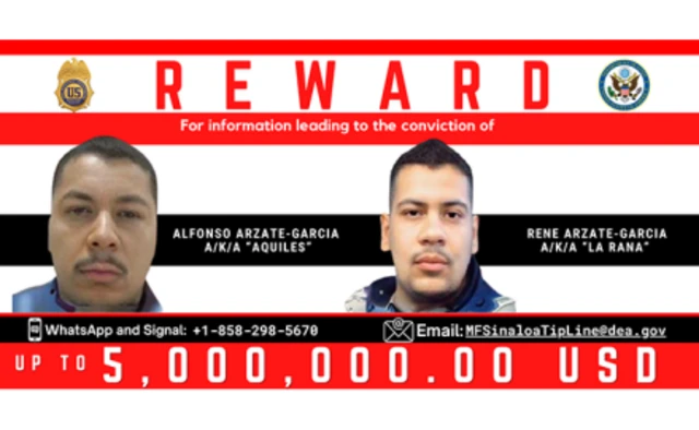 Cartaz oferecendo recompensa por informações sobre o paradeiro de irmãos que fazem parte da liderança do Cartel de Sinaloa