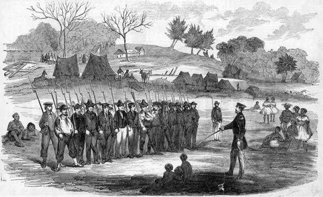 Gravura de William Walker treinando seus soldados em Virgin Bay, na Nicarágua