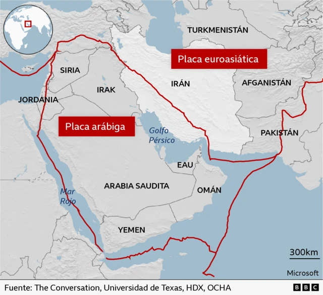 Mapa de Oriente Medio que muestra las placas arábiga y euroasiática