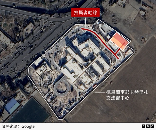 德黑兰南部卡赫里扎克法医中心的卫星图片，红线显示拍摄影片者当时的动线