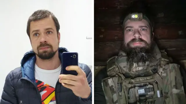 Фото до та після: Роман у цивільному одязі до початку війни та поряд у військовій формі