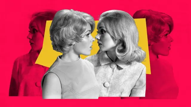 Fotomontagem com edição de mulher em versões diferentes de penteado e roupa com olhar de surpresa