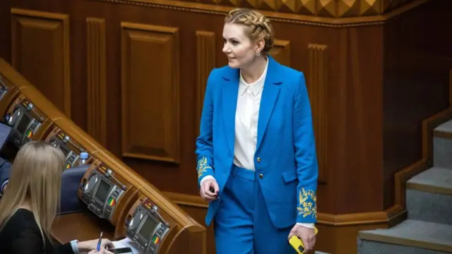 Анна Скороход у сесійній залі Верхової Ради стоїть біля урядової ложі. Одягнена у синій костюм з вишивкою.