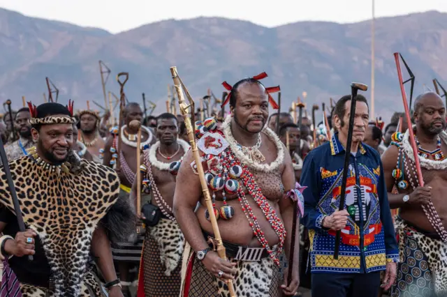 Eswatini's King Mswati III (C), South Africa's Zulu King Misuzulu kaZwelithini (L) and former Botswana President Ian Khama (2nd R) arrive for the 2024 Umhlanga Reed Dance ceremony, at the Ludzidzini Royal Residence on September 2, 2024.