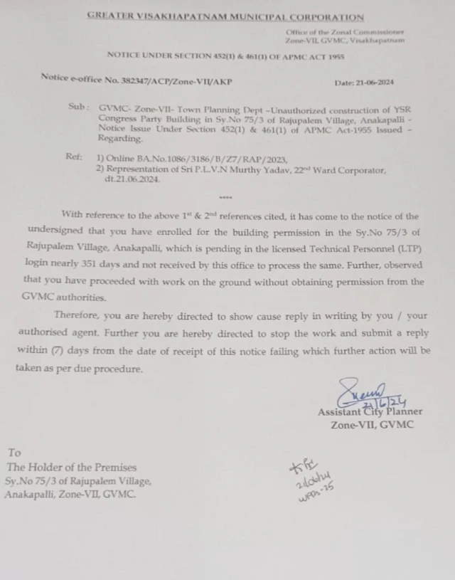 అనకాపల్లిలోని రాజుపాలెంలో వైసీపీ కార్యాలయానికి నోటీసులు