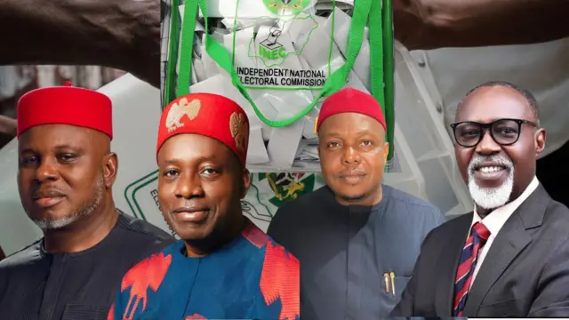 Foto mmadụ anọ a ma ama na-azọ ọkwa gọvanọ Anamba Steeti.
L-R Jude Ezenwafor nke pati PDP, Gọvanọ Charles Soludo nke pati APGA, Nicholas Ukachukwu nke pati APC na George Moghalu jị ọkọlọtọ pati LP azọ ọkwa ahụ.