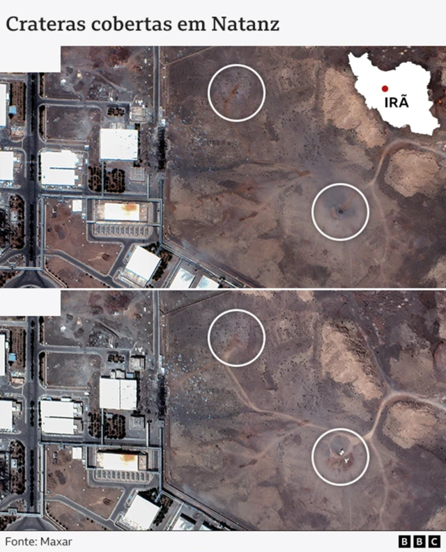 Imagens de satélite da Maxar mostram a instalação nuclear de Natanz, em 22 de junho de 2025 (com crateras causadas pelos bombardeios americanos) e 24 de junho (as crateras aparentemente cobertas)