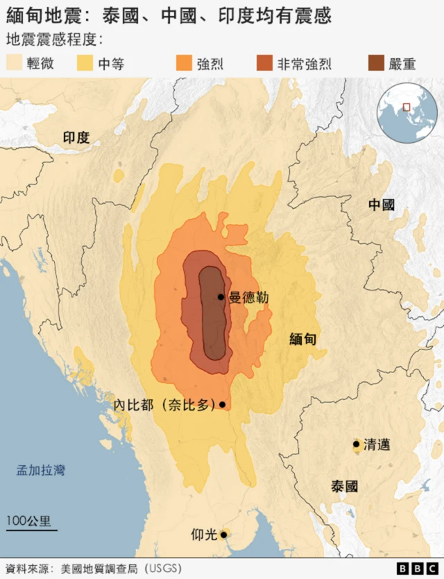 地圖——緬甸地震:泰國、中國、印度均有震感