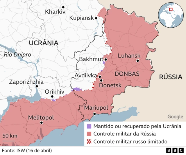 mapa do controle russo sobre território ucraniano