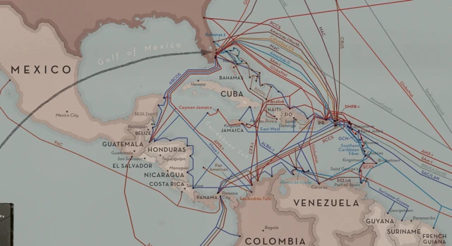 Una ilustración de los cables submarinos de internet en parte de América Latina y el Caribe