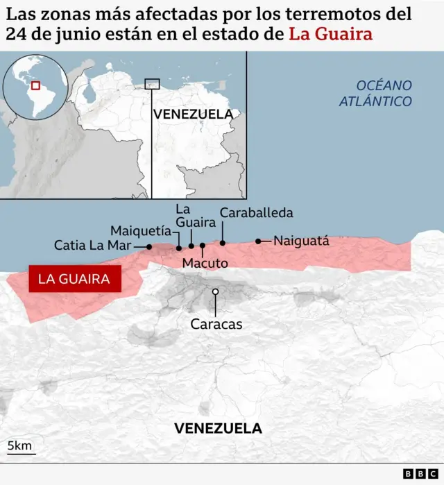Mapa que muestra, en en el norte de Venezuela, las principales zonas afectadas por los terremotos en el estado de La Guaira