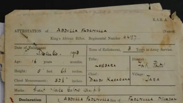 Hoton wata tsohuwar takarda ruwan ƙasa. Tana ƙunshi bayanai na sojan Uganda Abdulla Fadlumulla.