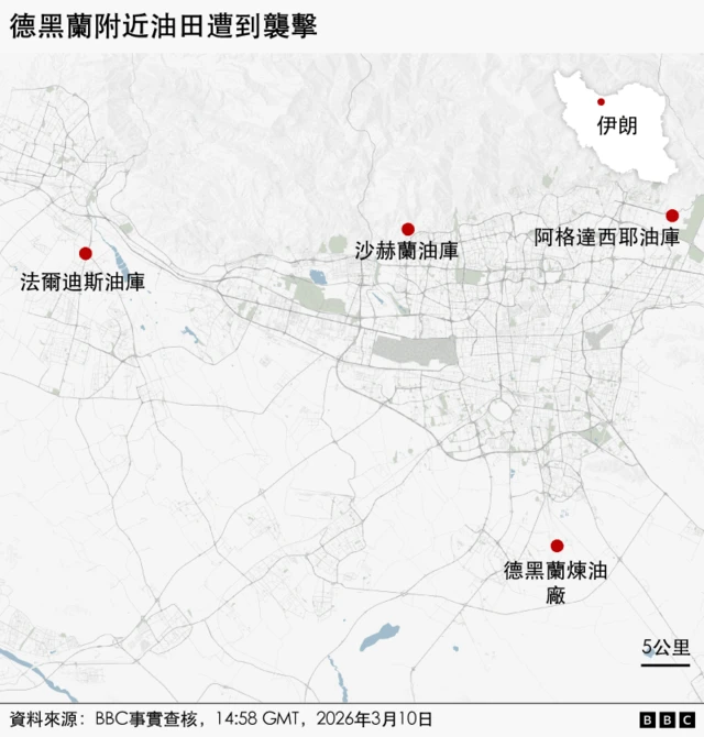 製圖表顯示了四個受襲擊石油設施的位置。北部的法爾迪斯油庫、沙赫蘭油庫和阿格達西耶油庫，以及南部的德黑蘭煉油廠。