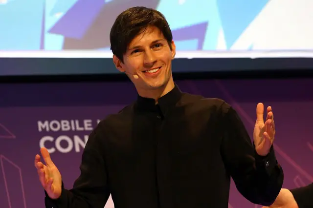 Основатель и генеральный директор Telegram Павел Дуров выступает с докладом на конференции во второй день Mobile World Congress в комплексе Fira Gran Via в Барселоне, Испания, 23 февраля 2016 года