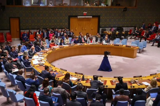 مجلس الأمن الدولي لدى تصويته على قرار يدعم الخطة الأمريكية بوقف الحرب في غزة الإثنين الماضي