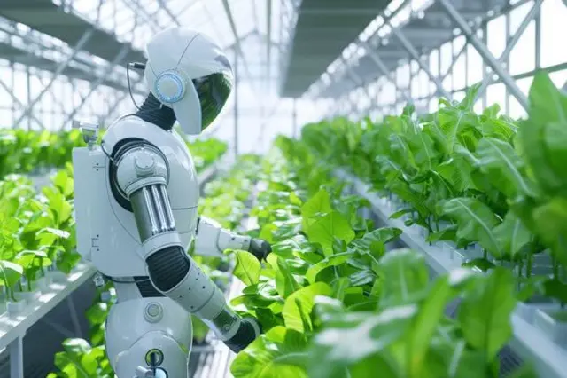 Un robot avancé s'occupant de plantes vertes vibrantes dans une ferme verticale moderne, symbolisant l'avenir de l'agriculture durable et de la technologie innovante.