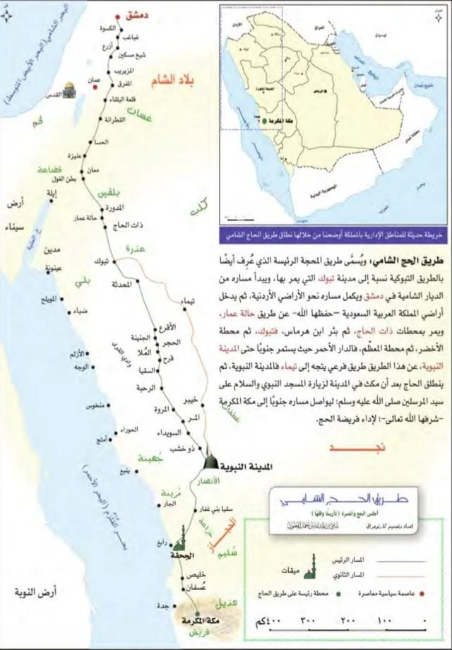 خريطة توضح مسار قوافل الحج الشامي