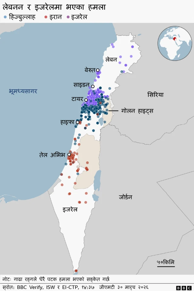 लेबनन र इजरेलमा भएका हमला देखाउने नक्सा