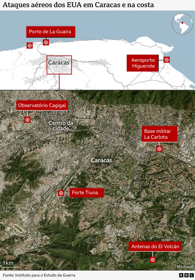 Mapa mostra locais onde houve ataque dos EUA em Caracas e na costa da Venezuela