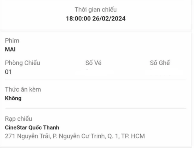 Suất chiếu phim Mai lúc 18 giờ ngày 26/2 tại rạp Cinestar trên đường Nguyễn Trãi, quận 1, TP HCM bị đoàn thanh tra kiểm tra độ tuổi