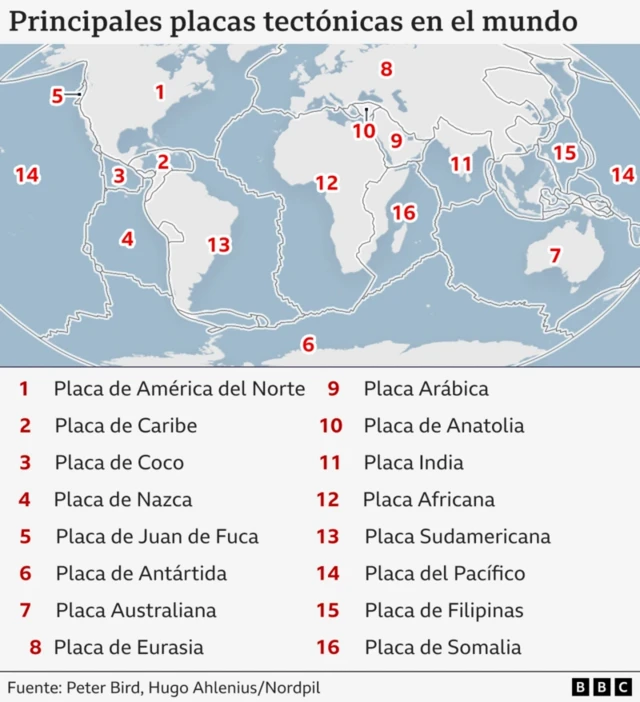 Gráfico que muestra las principales placas tectónicas en el mundo