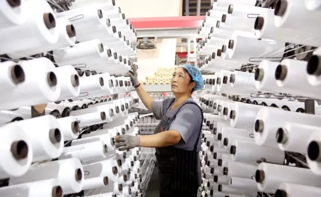 Mulher trabalhando com dezenaslinhas tecendo na China