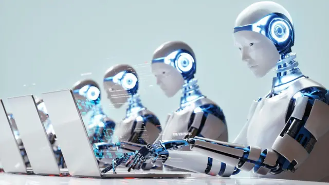 صورة رقمية تم إنشاؤها لروبوتات متعددة تعمل على أجهزة كمبيوتر محمولة في وضع خام. مفهوم التكنولوجيا الذكية والأتمتة والذكاء الاصطناعي.
