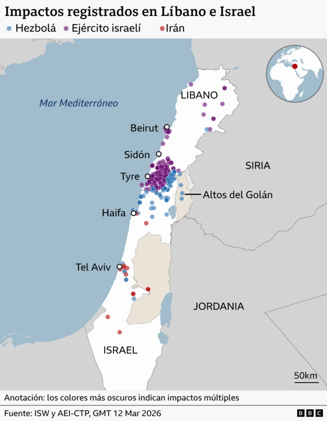 Mapa que muestra los impactos de Israel en Líbano y de Hebolá en Israel.