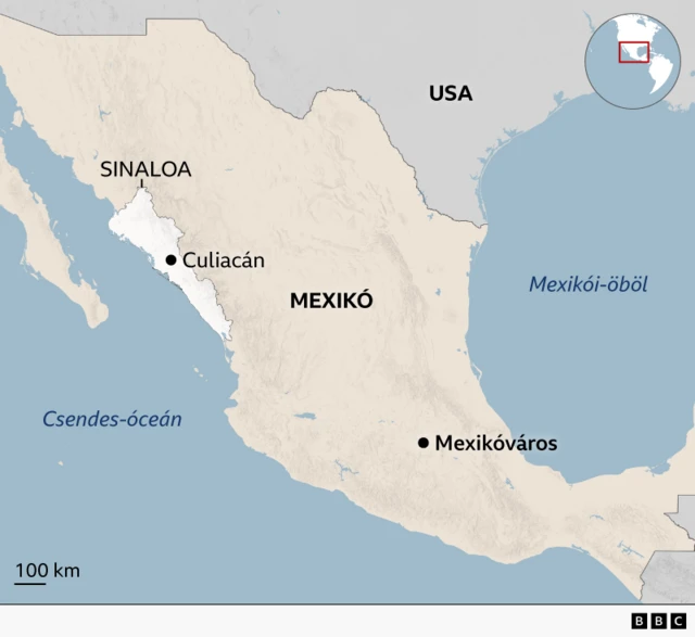 Térkép Culiacán elhelyezkedéséről, Mexikó csendes-óceáni partvidékének közelében. Sinaloa állam és az Egyesült Államokkal közös határ is látható.