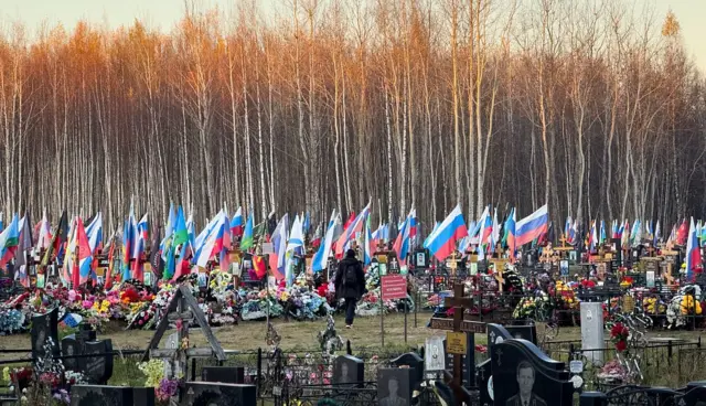 велики бро? руских и других застава и цвец?а поред гробова руских во?ника погинулих током во?не акци?е зем?е у Укра?ини, у руралном региону Волге у Костроми.