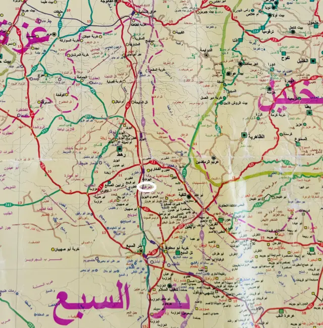 خريطة لـفلسطين قبل عام 1948 توضح "باللون الأبيض" موقع قرية العراقيب شمال بئر السبع