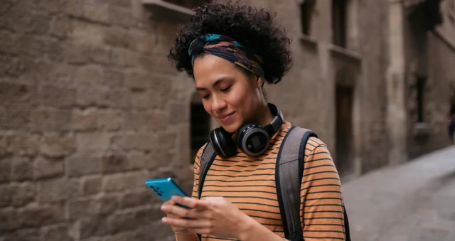 여행객이 길거리에서 스마트폰을 보고 있다.