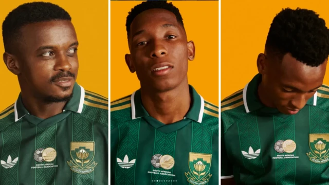 Teboho Mokoena (left) and Thalente Mbatha (right) wear 2026 South Africa away shirt.