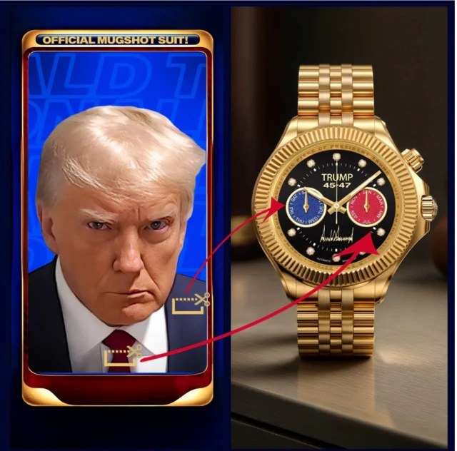 trump markalı bir saat ve solda trump'ın bir fotoğrafı