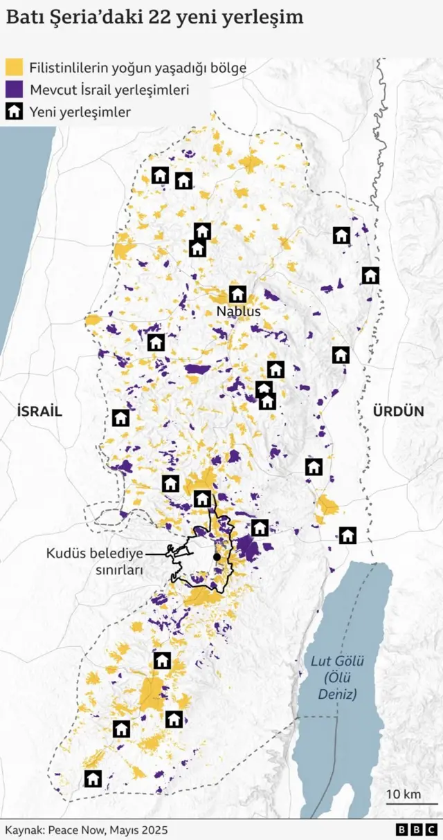 İşgal altındaki Batı Şeria'da kurulduğu İsrailli bakanlar tarafından duyurulan 22 yeni yerleşim yerini gösteren harita. 