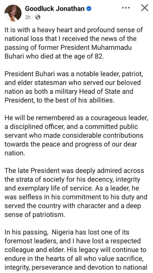 Onye bubu onyeisiala Naịjiria Goodluck Jonathan akọwala ọnwụ onye otu ya Muhammadu Buhari dịka ihe nwute.