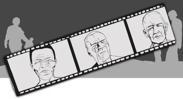 Черно-белый рисунок. Люди со страданием на лице на фоне силуэтов солдат