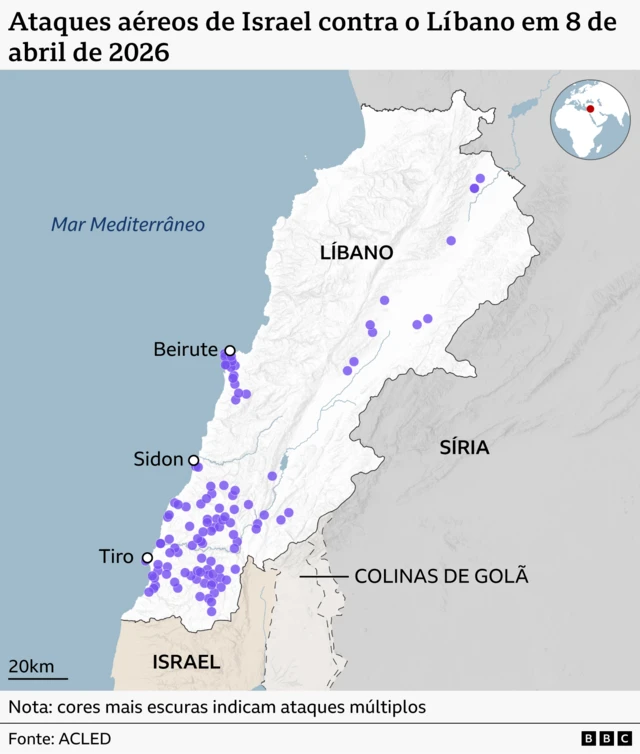 Mapa mostrando os ataques aéreos israelenses contra o Líbano em 21 de abril de 2026.